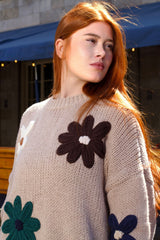 Tamara Women's Chunky Knit Sweater Embroidered Floral Appliqué