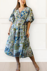 Adeline Boho Floral Midi Dress V-Neck Puff Sleeves Smocked Waist
