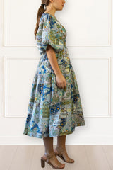 Adeline Boho Floral Midi Dress V-Neck Puff Sleeves Smocked Waist