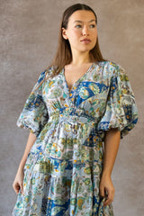 Adeline Boho Floral Midi Dress V-Neck Puff Sleeves Smocked Waist