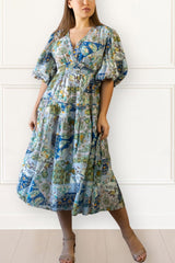 Adeline Boho Floral Midi Dress V-Neck Puff Sleeves Smocked Waist