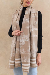 Scenic Print Scarf with Striped Border