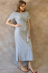 Brianna Casual Striped Midi Dress Short Sleeve Tie Waist Side Slit