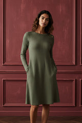 Camila Green Ribbed Knit A-Line Dress Decorative Shoulder Button Detail