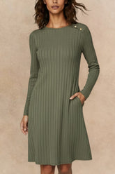 Camila Green Ribbed Knit A-Line Dress Decorative Shoulder Button Detail