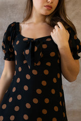 Charlotte Polka Dot Midi Dress - Puff Sleeve, Bow Tie Front, Pockets