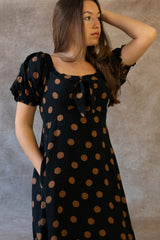 Charlotte Polka Dot Midi Dress - Puff Sleeve, Bow Tie Front, Pockets