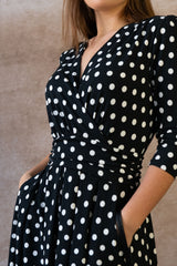 Evelyn Polka Dot Wrap Midi Dress 3/4 Sleeve V-Neck Pockets Elegant