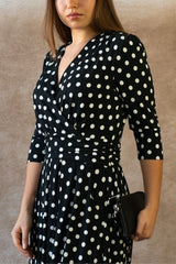 Evelyn Polka Dot Wrap Midi Dress 3/4 Sleeve V-Neck Pockets Elegant