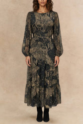 Francesca Women's Smocked Black Midi Dress Bronze Forest Print