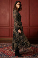 Francesca Women's Smocked Black Midi Dress Bronze Forest Print