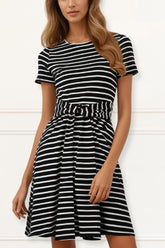 Jodie Striped Short Knit Dress Waist Tie Stretch