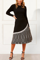 Leslie Elegant Knit Midi Dress Long Sleeve Round Neck Pleated Skirt