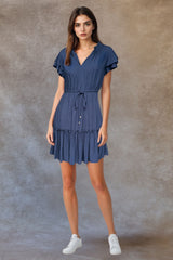 Mireille Short Dress Frilled Sleeves Tiered Tie Waist