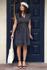 Natasha Polka Dot Short Dress with Belt, Pockets, and Ruffle Trim