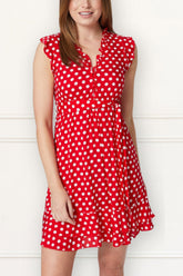 Natasha Polka Dot Short Dress with Belt, Pockets, and Ruffle Trim