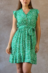 Natasha Printed Short Dress with Belt, Pockets, and Ruffle Trim