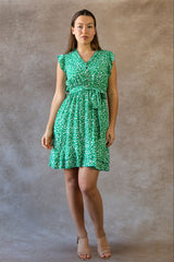Natasha Printed Short Dress with Belt, Pockets, and Ruffle Trim
