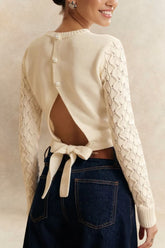 Olivia Cutout Bow Back Texture Round Neck Sweater
