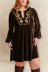Emilie Plus Size Embroidered Notched Balloon Sleeve Mini Dress