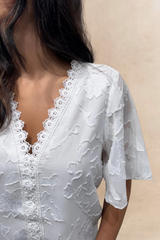 Lucie Embroidered V-Neck Blouse Lace Trim Flutter Sleeves Women