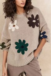 Tamara Women's Chunky Knit Sweater Embroidered Floral Appliqué