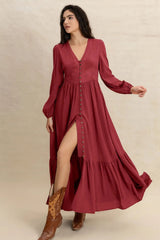 Rose V-Neck Balloon Sleeve Ruffled Hem Maxi Dress