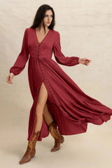 Rose V-Neck Balloon Sleeve Ruffled Hem Maxi Dress