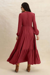 Rose V-Neck Balloon Sleeve Ruffled Hem Maxi Dress
