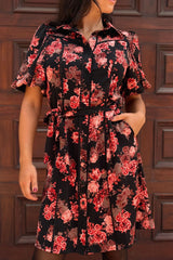 Ruby Black Floral Print Shirt Dress Belted Short Sleeves Button Front