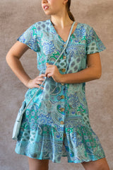 Sabine Boho Paisley Mini Dress - V-Neck, Button Down, Short Sleeve