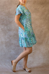 Sabine Boho Paisley Mini Dress - V-Neck, Button Down, Short Sleeve