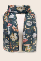 Woodland Animals Scarf Forest Green with Rabbits & Squirrels