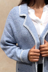 Solana Knit Jacket Collar Long Open-Front Contrast Stitching Pockets