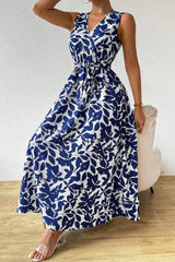 Georgia Maxi Dress Leaf Print Sleeveless Tie Waist
