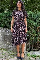 Catalina Black Floral Dress with Layered Hemline