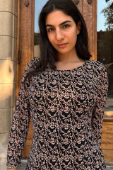 Audrey Navy Fit & Flare Mesh Dress Beige Floral Print