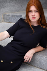 Cleo Black A-Line Dress Short Sleeves Gold Button Front Detail