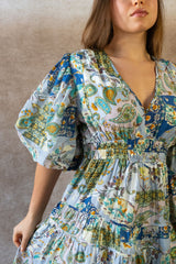 Adeline Boho Floral Midi Dress V-Neck Puff Sleeves Smocked Waist