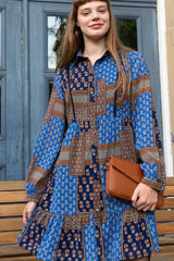 Anouk Boho Patchwork Shirt Dress Long Sleeve Button Down Flowy Casual