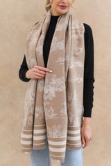 Scenic Print Scarf with Striped Border