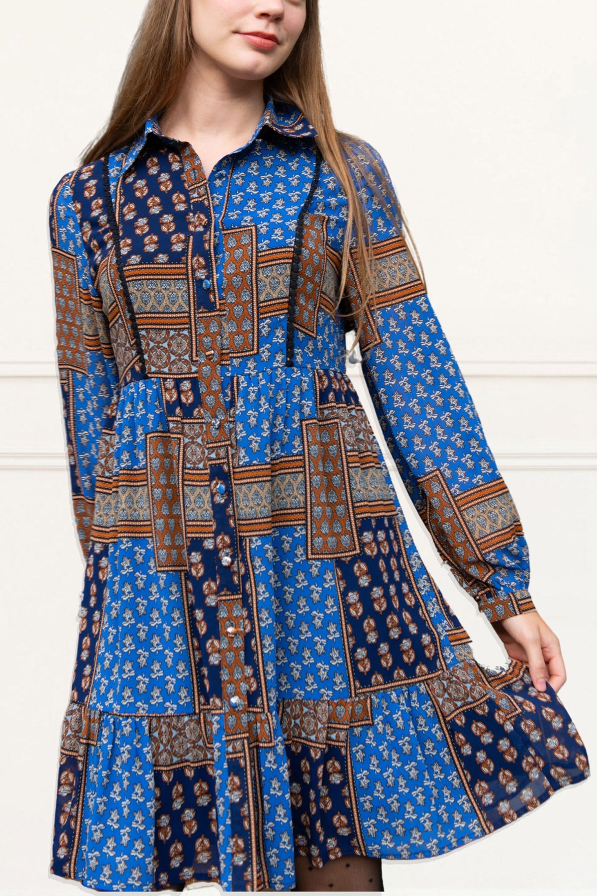 Anouk Boho Patchwork Shirt Dress Long Sleeve Button Down Flowy Casual