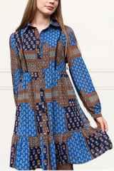 Anouk Boho Patchwork Shirt Dress Long Sleeve Button Down Flowy Casual