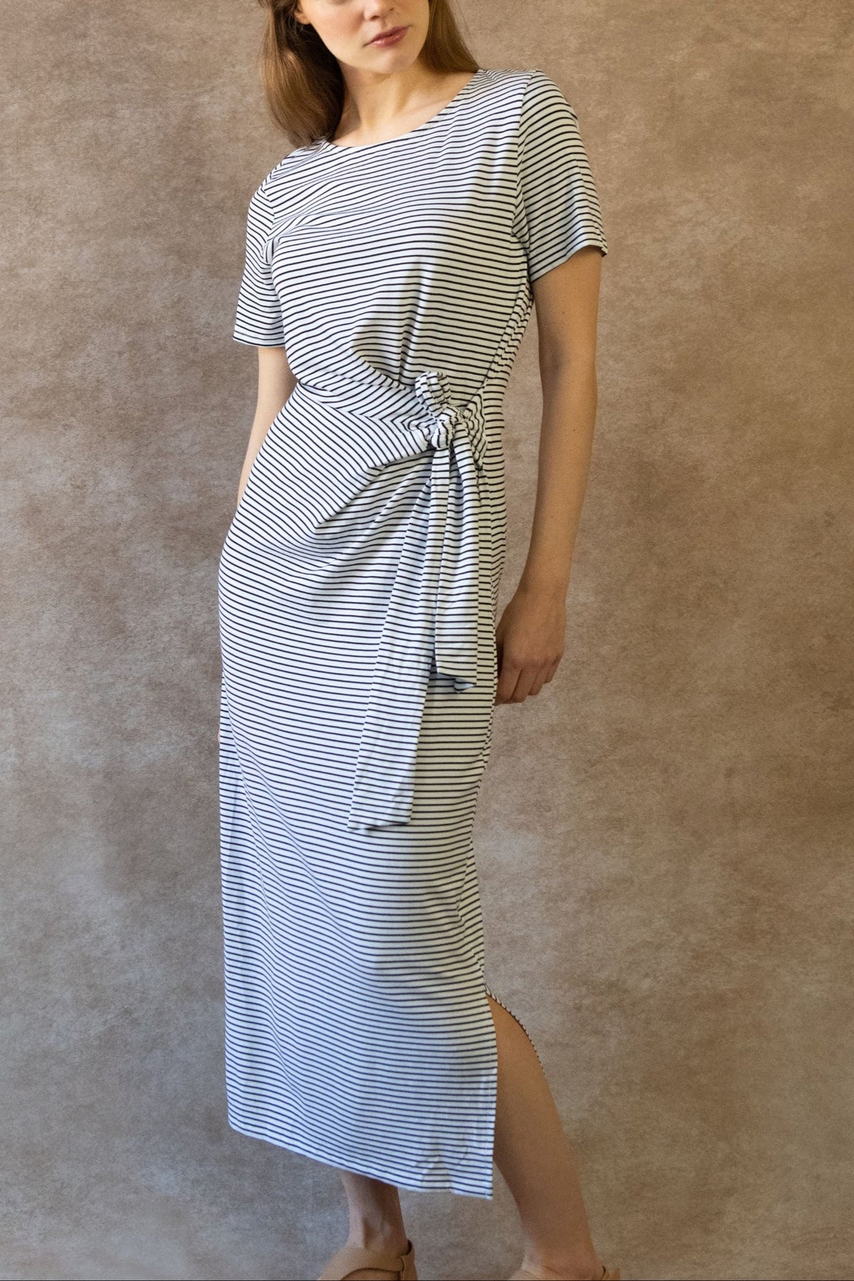 Brianna Casual Striped Midi Dress Short Sleeve Tie Waist Side Slit