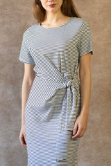 Brianna Casual Striped Midi Dress Short Sleeve Tie Waist Side Slit