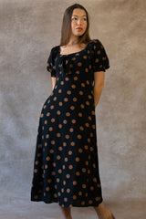 Charlotte Polka Dot Midi Dress - Puff Sleeve, Bow Tie Front, Pockets