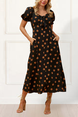 Charlotte Polka Dot Midi Dress - Puff Sleeve, Bow Tie Front, Pockets