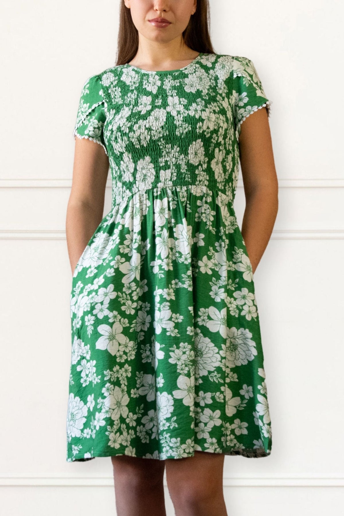 Eloise Smocked Floral Short Dress Tulip Sleeves & Pockets