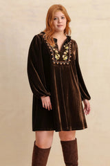 Emilie Plus Size Embroidered Notched Balloon Sleeve Mini Dress