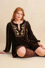 Emilie Plus Size Embroidered Notched Balloon Sleeve Mini Dress